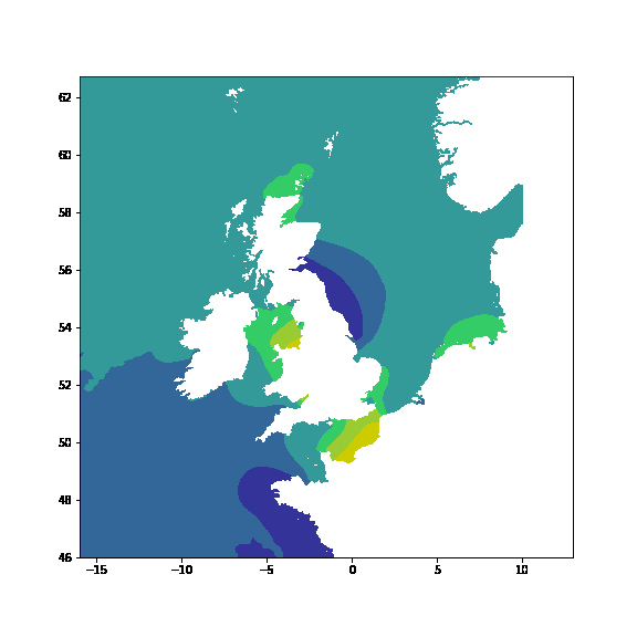 Animated GIF of changing tidal heights around the UK, showing the potential of new regularly gridded S-104 data