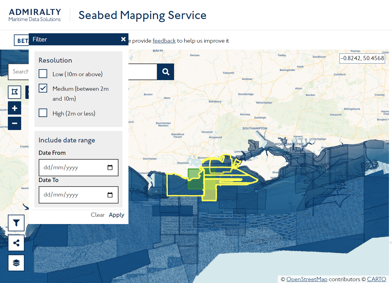 Seabed mapping app screenshot showing a highlighted area of water off the coast of Southampton
