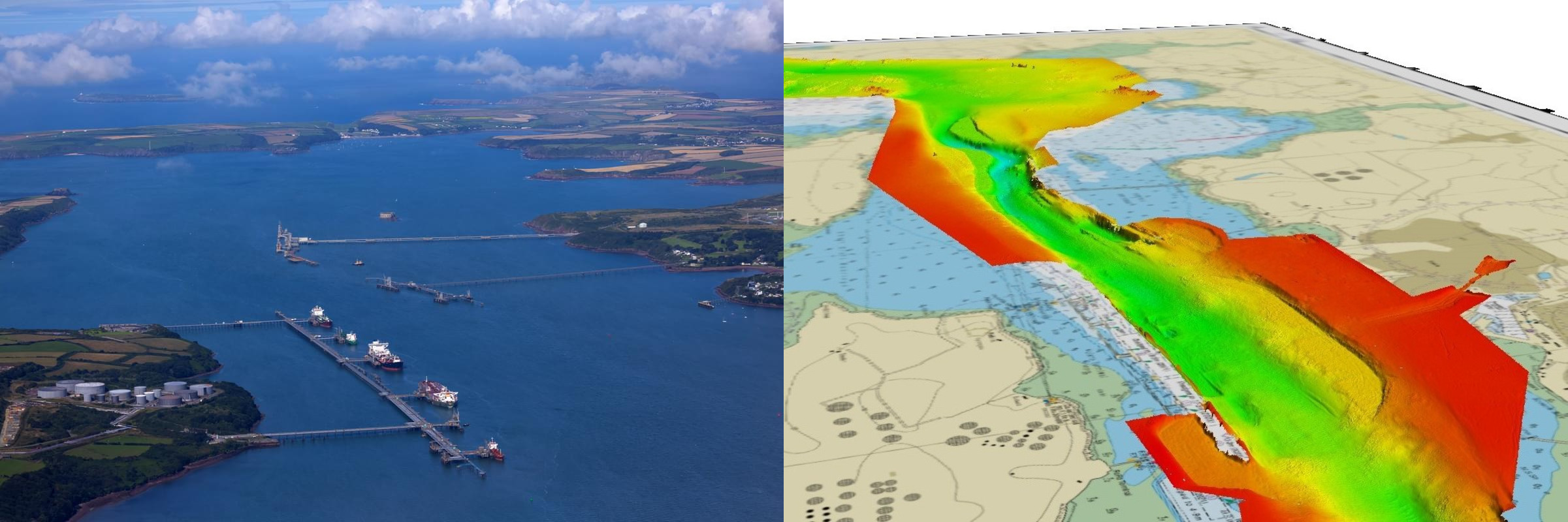 Aerial image of milford haven next to chart coverage of milford haven with bathymetry overlaid
