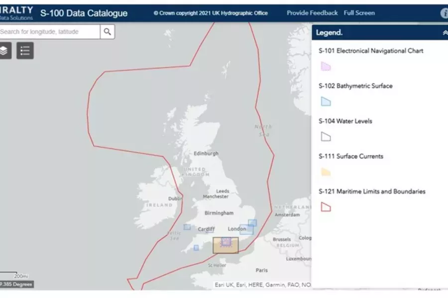 Screenshot of the S-100 data catalogue on the ADMIRALTY Marine Data Portal website