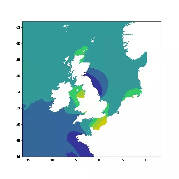 Animated GIF of changing tidal heights around the UK, showing the potential of new regularly gridded S-104 data