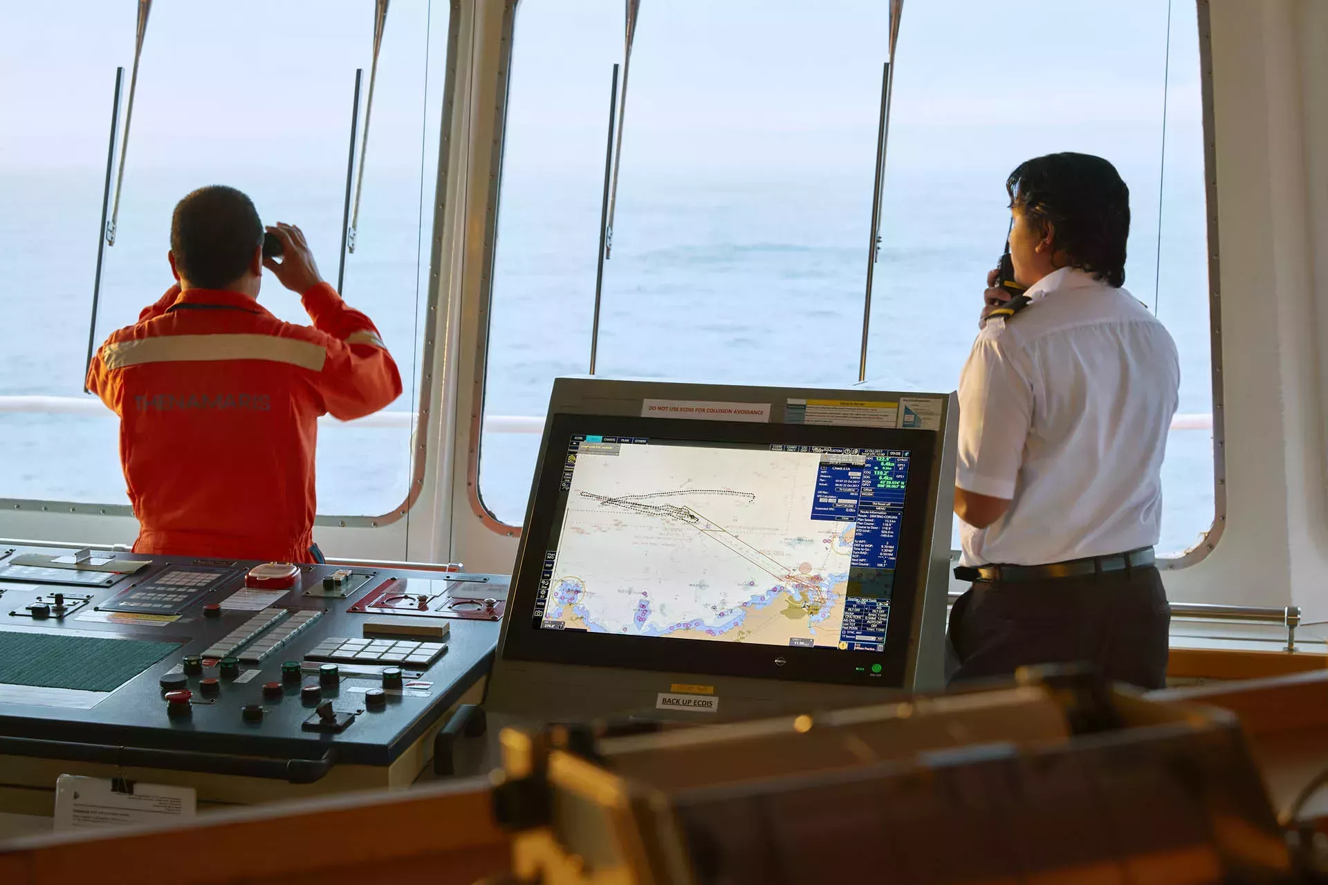 Mariners looking out to sea. ECDIS in foreground.
