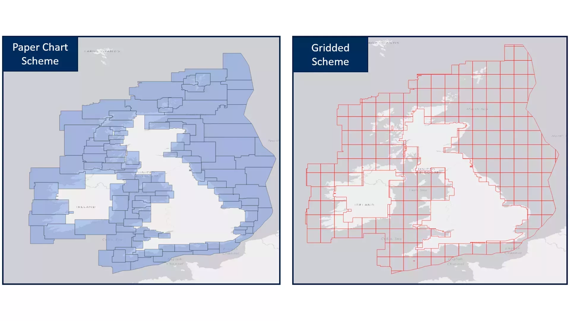UK coastline with paper chart scheme vs gridded scheme