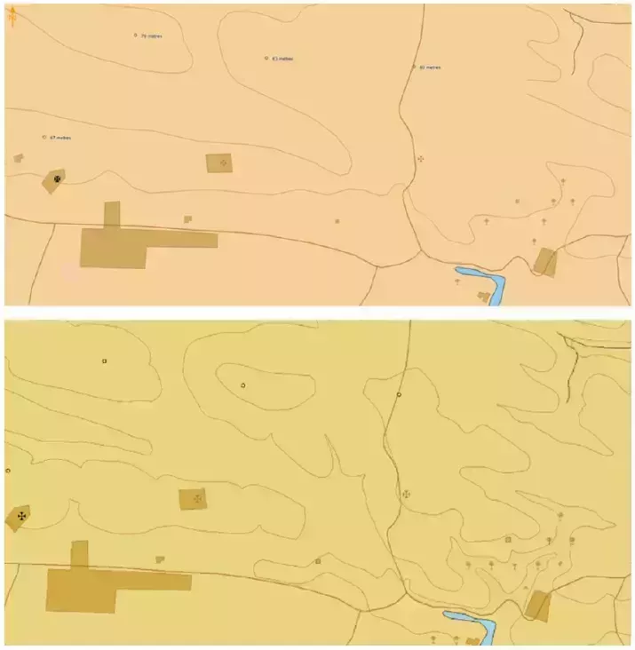 Topographical contours before the data improvement project, and after