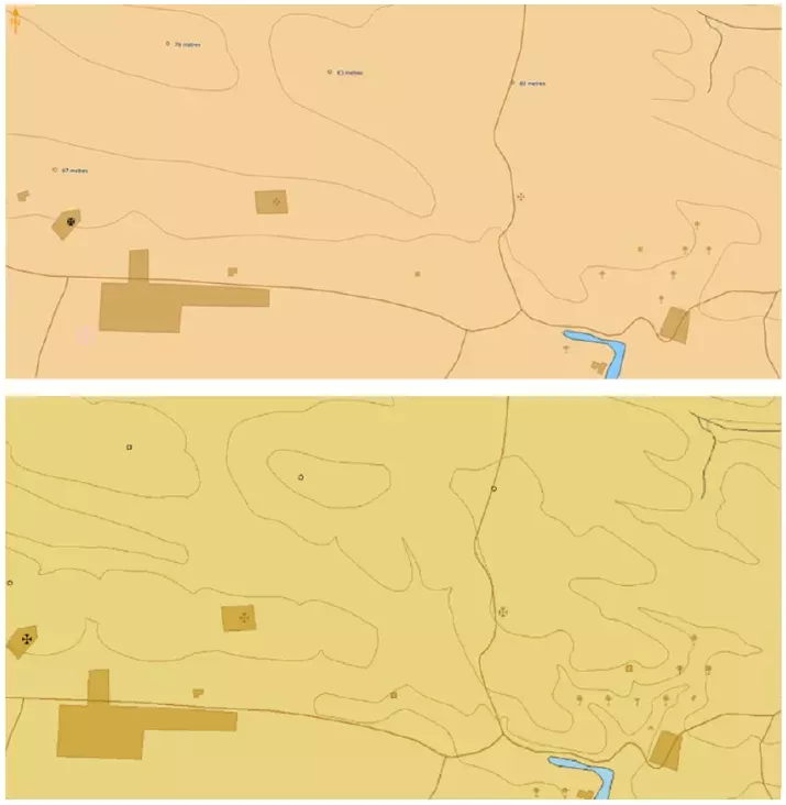 Topographical contours before the data improvement project, and after