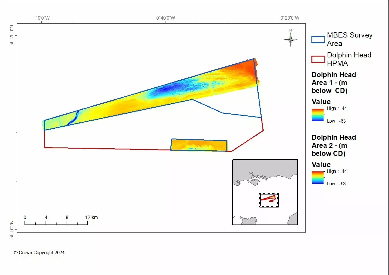 A bathymetric chart of Dolphin Head HPMA showing depths ranging from approximately 45 to 62 metres.