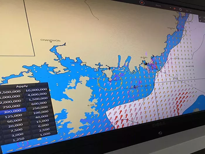 S-111 surface currents data (direction and speed of tides), showing the influence of landmass on tidal currents.