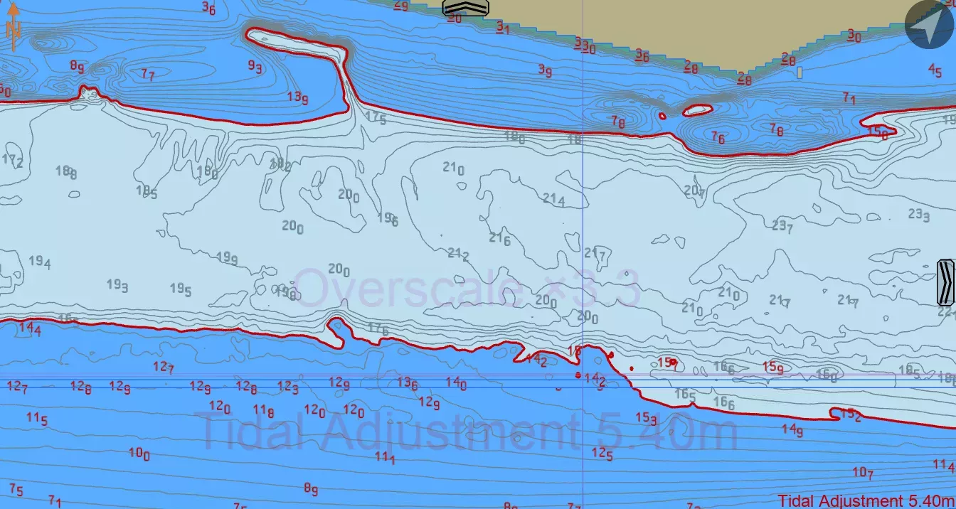 S-104 tide adjustment (no numbers) showing safety contour adjustment, therefore navigable water in light blue