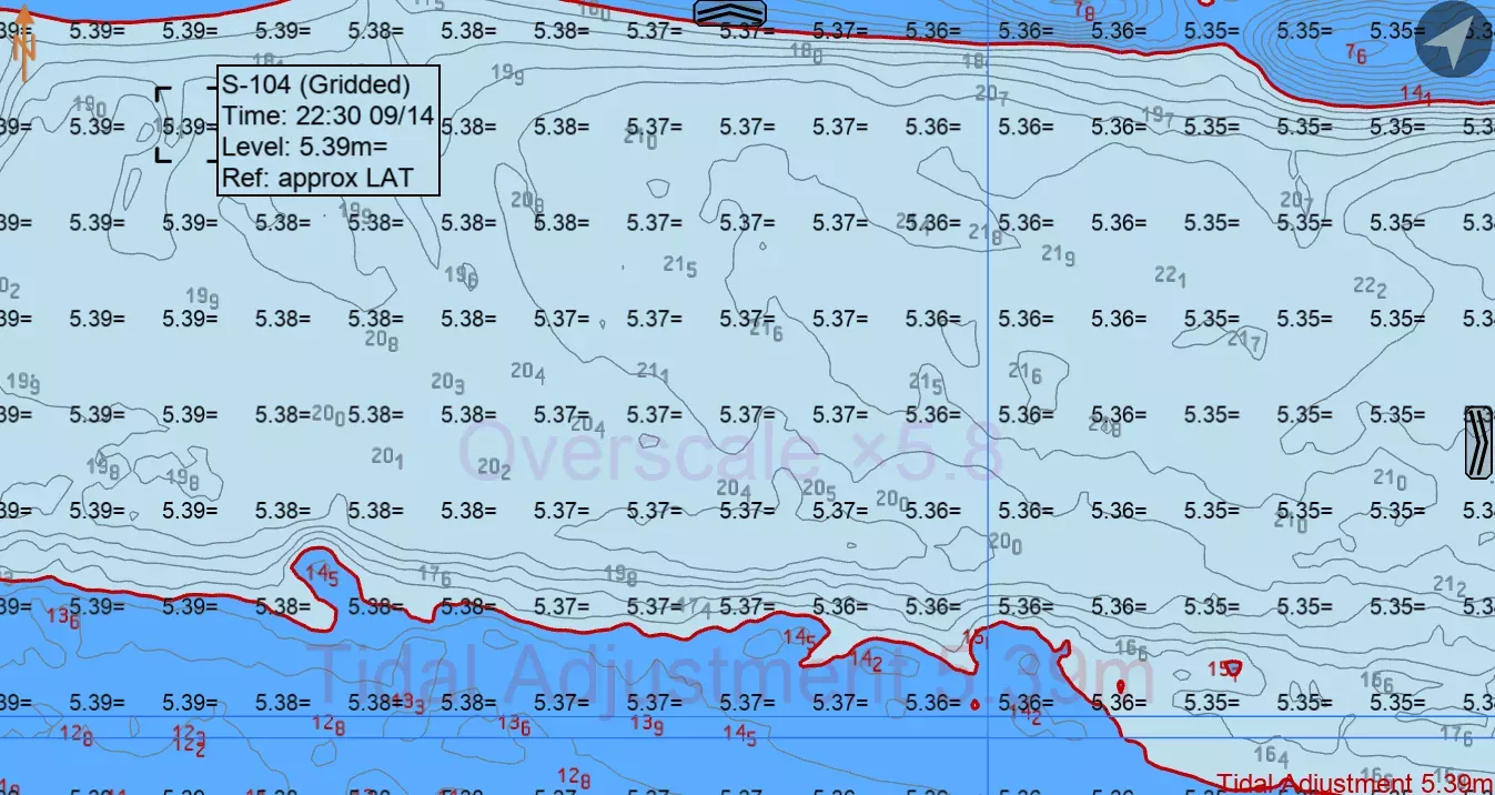 S-104 tide adjustment (with numbers) showing how gridded data allows for 'surface' of water height differences